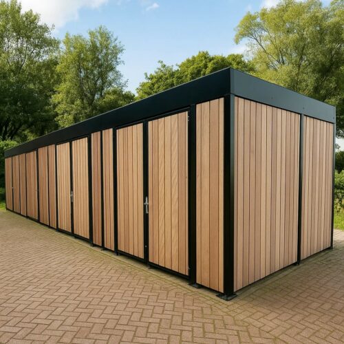 Afsluitbare fietsoverkapping Timber 24 Timber model: premium fietsoverkappingen en bergingen met volbad verzinkte constructie en optionele ral-kleurafwerking.